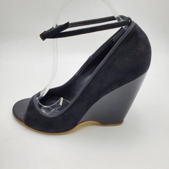 GUISEPPE ZANOTTI DESIGN women 40.5/9.5 black suede & patent wedge open toe heels - Picture 1 of 11